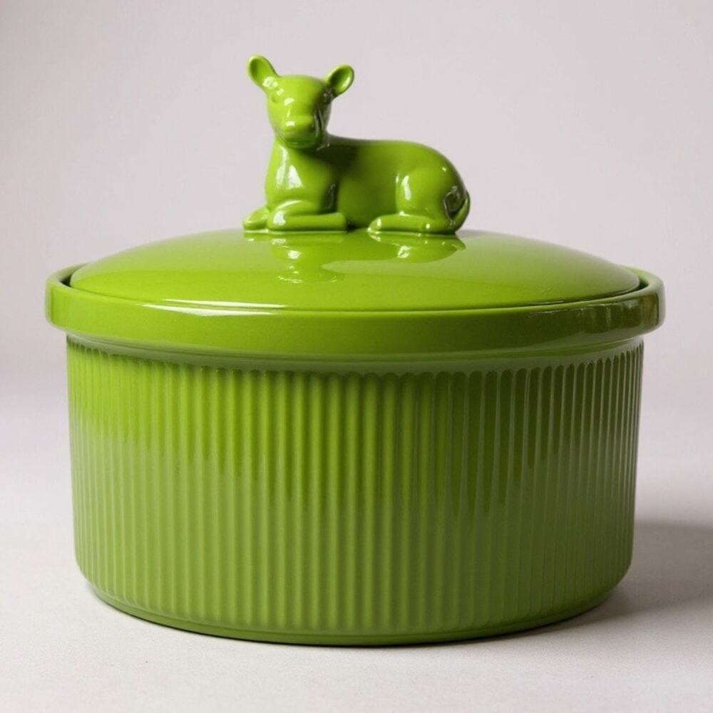 Martha Stewart Macy's‎ Ceramic Casserole Dish Green Cow Lidded 9" Kitchen Decor
